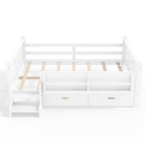English Elm Full Size Pine Floor Bed with Guardrails Staircase Bookcase and Under Drawers for Kids White W1580S00674