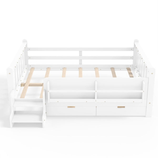 English Elm Full Size Pine Floor Bed with Guardrails Staircase Bookcase and Under Drawers for Kids White W1580S00674