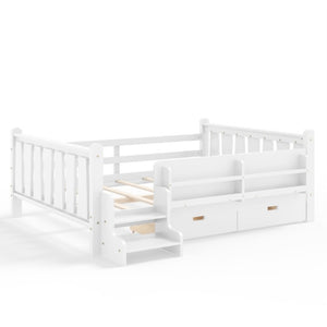English Elm Full Size Pine Floor Bed with Guardrails Staircase Bookcase and Under Drawers for Kids White W1580S00674