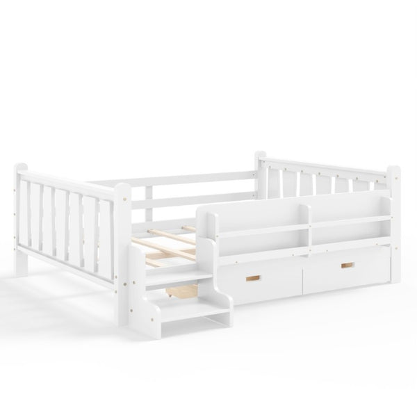 English Elm Full Size Pine Floor Bed with Guardrails Staircase Bookcase and Under Drawers for Kids White W1580S00674