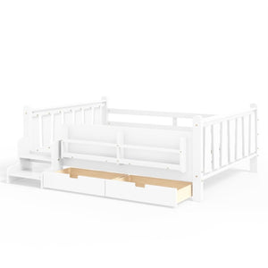 English Elm Full Size Pine Floor Bed with Guardrails Staircase Bookcase and Under Drawers for Kids White W1580S00674
