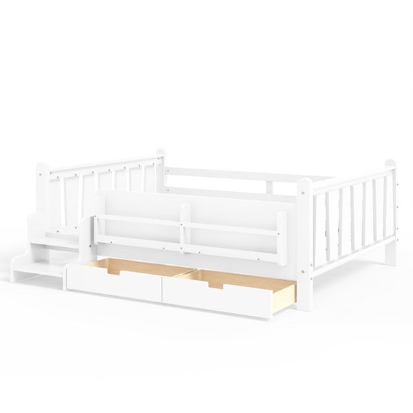 English Elm Full Size Pine Floor Bed with Guardrails Staircase Bookcase and Under Drawers for Kids White W1580S00674