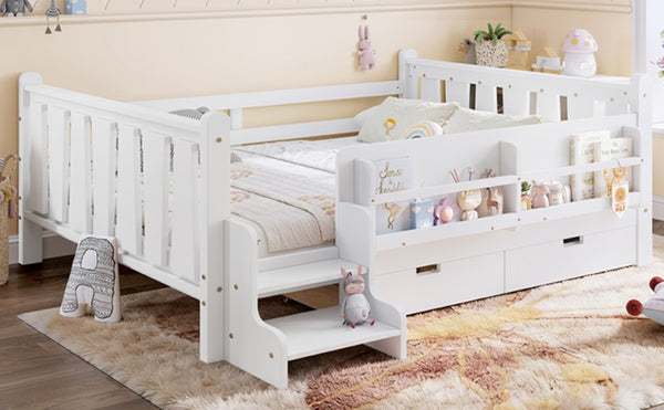 English Elm Full Size Pine Floor Bed with Guardrails Staircase Bookcase and Under Drawers for Kids White W1580S00674