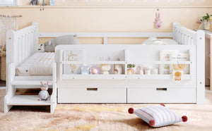 English Elm Full Size Pine Floor Bed with Guardrails Staircase Bookcase and Under Drawers for Kids White W1580S00674