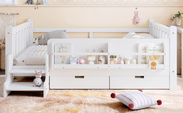 English Elm Full Size Pine Floor Bed with Guardrails Staircase Bookcase and Under Drawers for Kids White W1580S00674