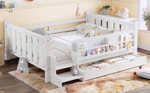 English Elm Full Size Pine Floor Bed with Guardrails Staircase Bookcase and Under Drawers for Kids White W1580S00674