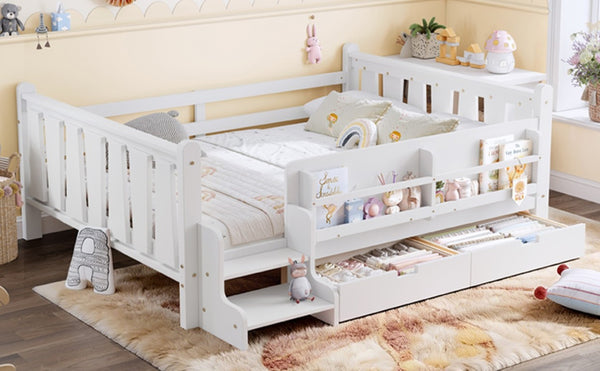 English Elm Full Size Pine Floor Bed with Guardrails Staircase Bookcase and Under Drawers for Kids White W1580S00674