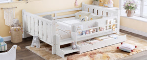 English Elm Full Size Pine Floor Bed with Guardrails Staircase Bookcase and Under Drawers for Kids White W1580S00674