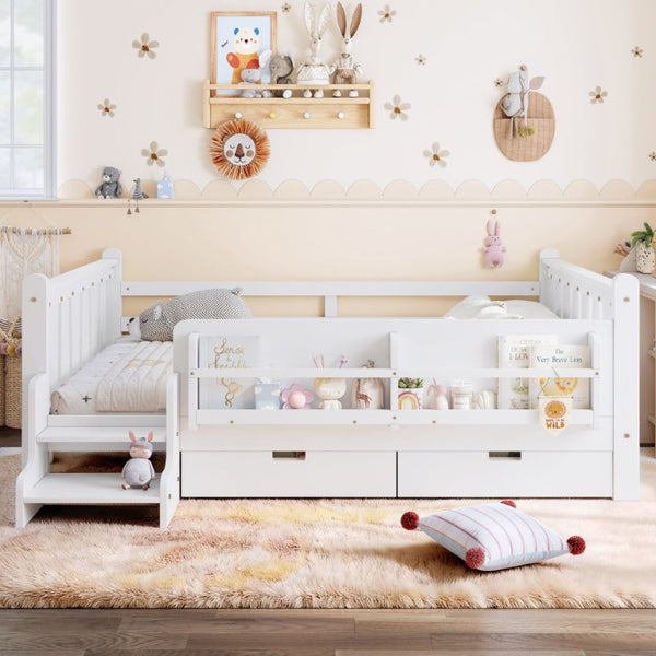 English Elm Full Size Pine Floor Bed with Guardrails Staircase Bookcase and Under Drawers for Kids White W1580S00674