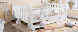 English Elm Full Size Pine Floor Bed with Guardrails Staircase Bookcase and Under Drawers for Kids White W1580S00674