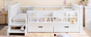 English Elm Full Size Pine Floor Bed with Guardrails Staircase Bookcase and Under Drawers for Kids White W1580S00674