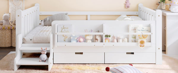 English Elm Full Size Pine Floor Bed with Guardrails Staircase Bookcase and Under Drawers for Kids White W1580S00674