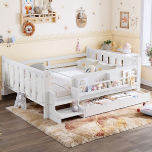 English Elm Full Size Pine Floor Bed with Guardrails Staircase Bookcase and Under Drawers for Kids White W1580S00674