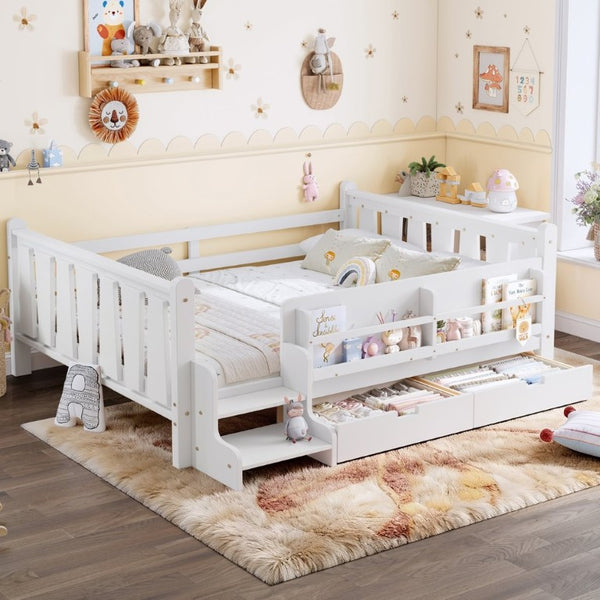 English Elm Full Size Pine Floor Bed with Guardrails Staircase Bookcase and Under Drawers for Kids White W1580S00674