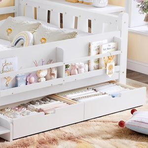 English Elm Full Size Pine Floor Bed with Guardrails Staircase Bookcase and Under Drawers for Kids White W1580S00674