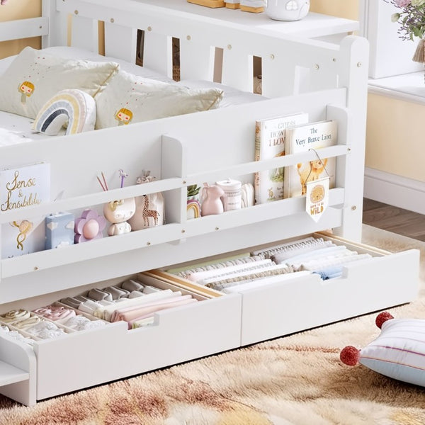 English Elm Full Size Pine Floor Bed with Guardrails Staircase Bookcase and Under Drawers for Kids White W1580S00674