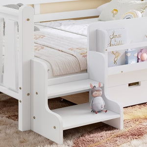 English Elm Full Size Pine Floor Bed with Guardrails Staircase Bookcase and Under Drawers for Kids White W1580S00674