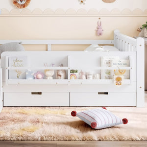 English Elm Full Size Pine Floor Bed with Guardrails Staircase Bookcase and Under Drawers for Kids White W1580S00674