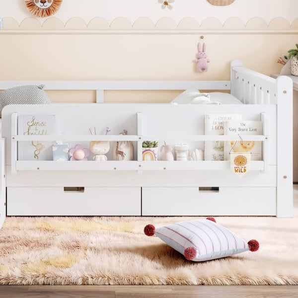 English Elm Full Size Pine Floor Bed with Guardrails Staircase Bookcase and Under Drawers for Kids White W1580S00674