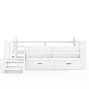 English Elm Full Size Pine Floor Bed with Guardrails Staircase Bookcase and Under Drawers for Kids White W1580S00674