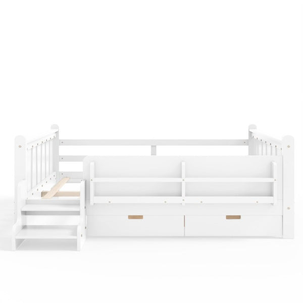 English Elm Full Size Pine Floor Bed with Guardrails Staircase Bookcase and Under Drawers for Kids White W1580S00674
