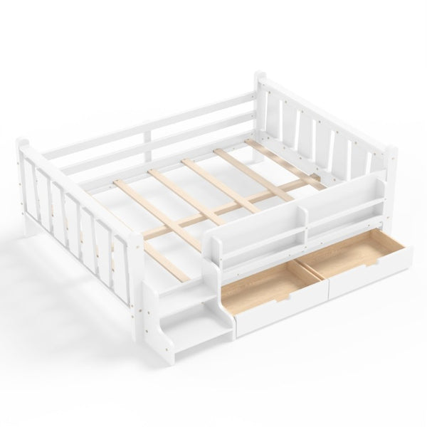 English Elm Full Size Pine Floor Bed with Guardrails Staircase Bookcase and Under Drawers for Kids White W1580S00674