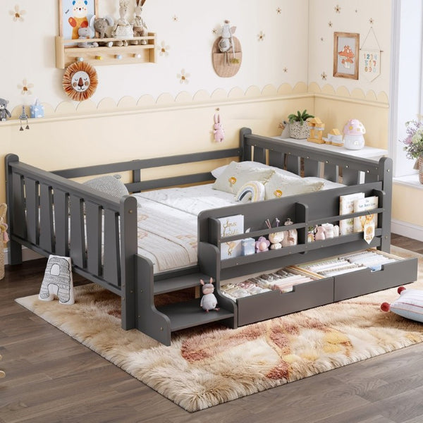 English Elm Full Size Pine Floor Bed with Guardrails Staircase Bookcase and Under Drawers for Kids Gray W1580S00675