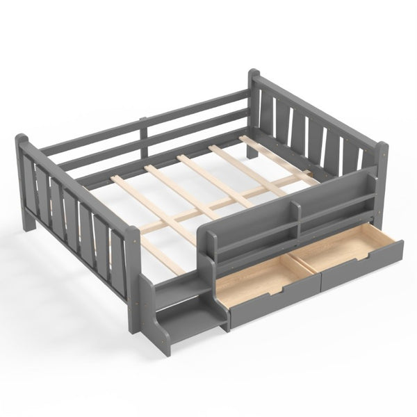English Elm Full Size Pine Floor Bed with Guardrails Staircase Bookcase and Under Drawers for Kids Gray W1580S00675
