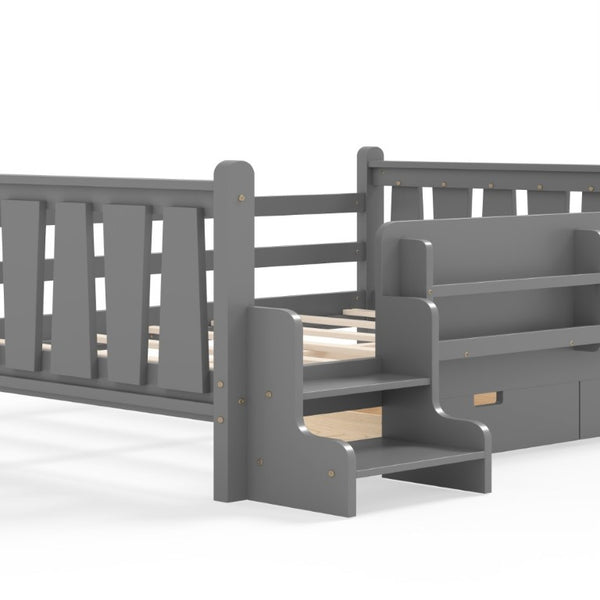 English Elm Full Size Pine Floor Bed with Guardrails Staircase Bookcase and Under Drawers for Kids Gray W1580S00675
