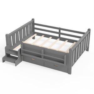 English Elm Full Size Pine Floor Bed with Guardrails Staircase Bookcase and Under Drawers for Kids Gray W1580S00675