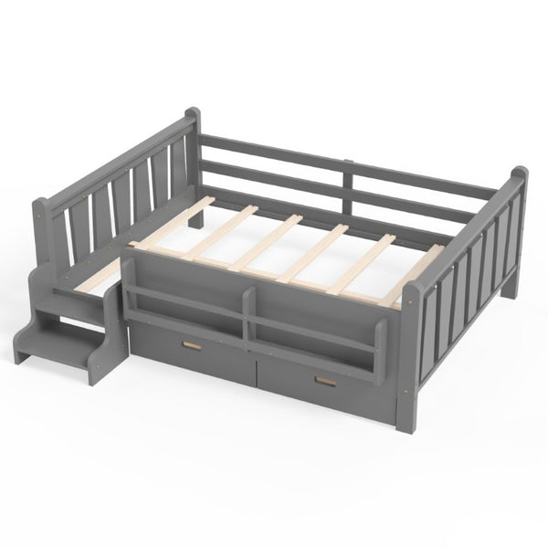 English Elm Full Size Pine Floor Bed with Guardrails Staircase Bookcase and Under Drawers for Kids Gray W1580S00675
