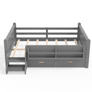 English Elm Full Size Pine Floor Bed with Guardrails Staircase Bookcase and Under Drawers for Kids Gray W1580S00675