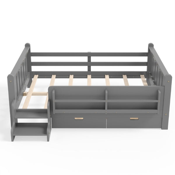 English Elm Full Size Pine Floor Bed with Guardrails Staircase Bookcase and Under Drawers for Kids Gray W1580S00675