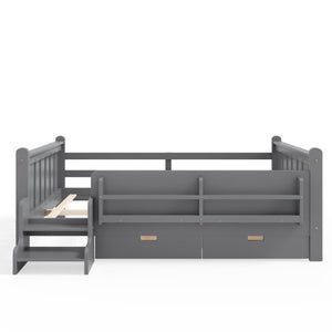 English Elm Full Size Pine Floor Bed with Guardrails Staircase Bookcase and Under Drawers for Kids Gray W1580S00675
