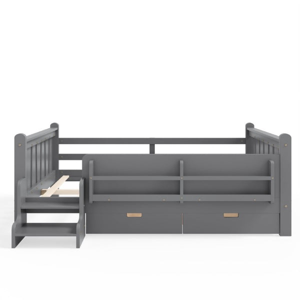 English Elm Full Size Pine Floor Bed with Guardrails Staircase Bookcase and Under Drawers for Kids Gray W1580S00675