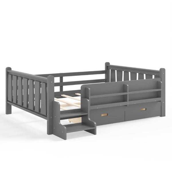 English Elm Full Size Pine Floor Bed with Guardrails Staircase Bookcase and Under Drawers for Kids Gray W1580S00675