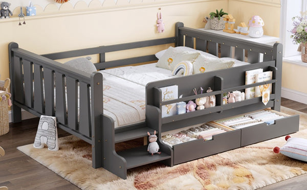 English Elm Full Size Pine Floor Bed with Guardrails Staircase Bookcase and Under Drawers for Kids Gray W1580S00675