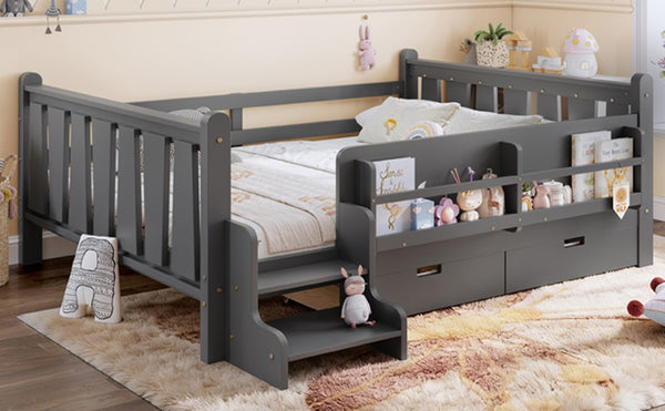 English Elm Full Size Pine Floor Bed with Guardrails Staircase Bookcase and Under Drawers for Kids Gray W1580S00675