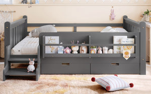 English Elm Full Size Pine Floor Bed with Guardrails Staircase Bookcase and Under Drawers for Kids Gray W1580S00675