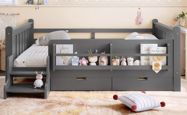 English Elm Full Size Pine Floor Bed with Guardrails Staircase Bookcase and Under Drawers for Kids Gray W1580S00675