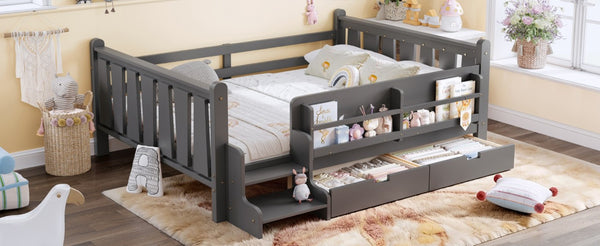 English Elm Full Size Pine Floor Bed with Guardrails Staircase Bookcase and Under Drawers for Kids Gray W1580S00675