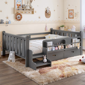 English Elm Full Size Pine Floor Bed with Guardrails Staircase Bookcase and Under Drawers for Kids Gray W1580S00675