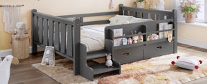 English Elm Full Size Pine Floor Bed with Guardrails Staircase Bookcase and Under Drawers for Kids Gray W1580S00675