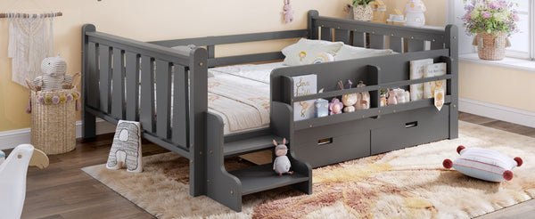 English Elm Full Size Pine Floor Bed with Guardrails Staircase Bookcase and Under Drawers for Kids Gray W1580S00675