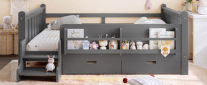 English Elm Full Size Pine Floor Bed with Guardrails Staircase Bookcase and Under Drawers for Kids Gray W1580S00675
