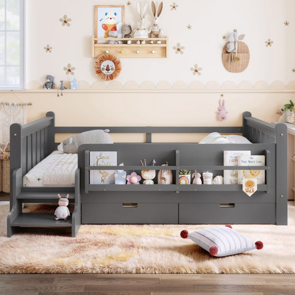 English Elm Full Size Pine Floor Bed with Guardrails Staircase Bookcase and Under Drawers for Kids Gray W1580S00675