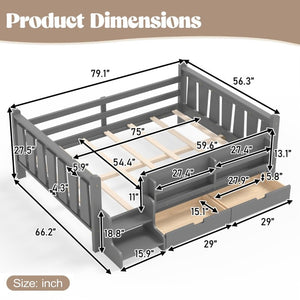 English Elm Full Size Pine Floor Bed with Guardrails Staircase Bookcase and Under Drawers for Kids Gray W1580S00675
