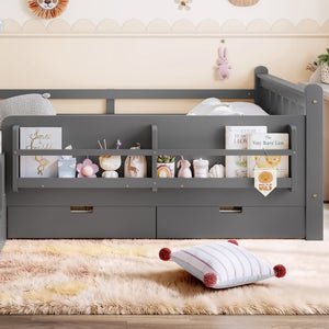 English Elm Full Size Pine Floor Bed with Guardrails Staircase Bookcase and Under Drawers for Kids Gray W1580S00675