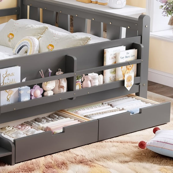 English Elm Full Size Pine Floor Bed with Guardrails Staircase Bookcase and Under Drawers for Kids Gray W1580S00675