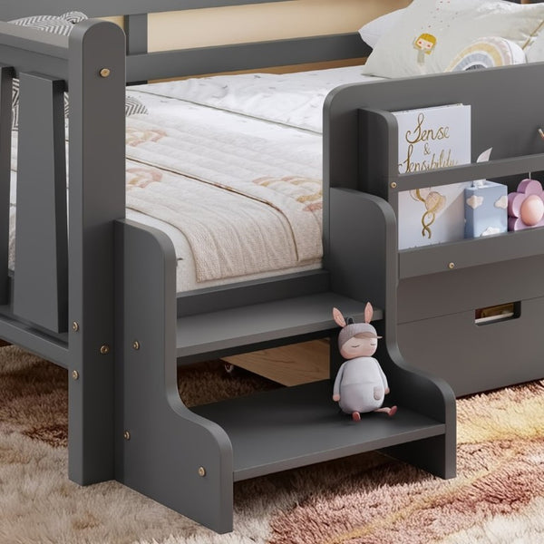 English Elm Full Size Pine Floor Bed with Guardrails Staircase Bookcase and Under Drawers for Kids Gray W1580S00675